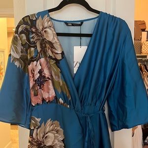 NWT Zara Size L Teal Floral Satin Wrap Dress! Gorgeous!